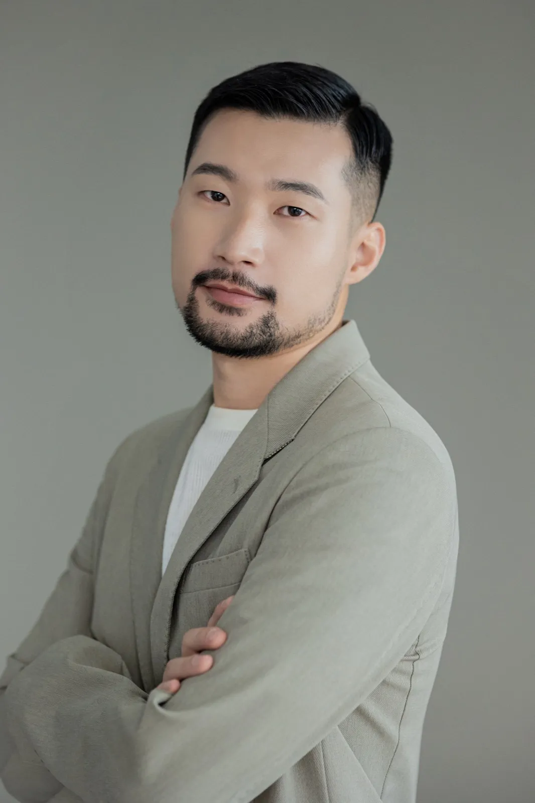 Portrait in sage blazer